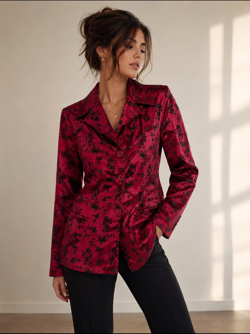 Wrapper Vintage Red Floral Satin Blazer Jacket